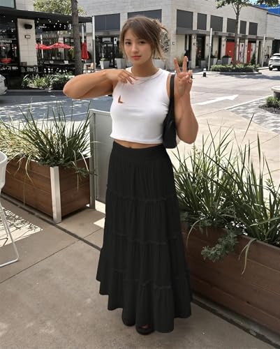 Women's Summer Floral Maxi A-Line Boho Skirt Tiered Long Skirts, Smocked High Wasited Flowy Tiered Ruffle Beach Skirt4