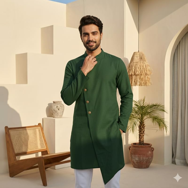 Image of OOMPH! Men's Ethnic Traditional Asymmetric Kurta Polycotton Regular Fit | High Neck Full Sleeves | Traditional Indian Festive Kurta | Stylish Casual and Wedding