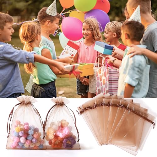 Image of Hopttreely 100pcs Organza Gift Bags, Light Brown 4 inchx6 inch(10x15cm) Mesh Bags Drawstring Gift Bags Jewelry Pouches for Candy Wedding Favors Christmas