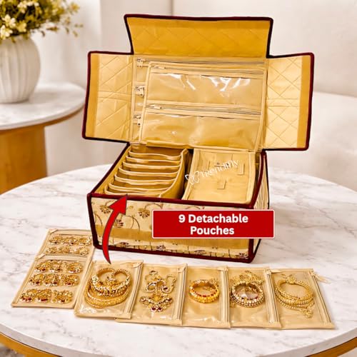 Image of Trendifly Royal Flower Design Jewellery Organiser bag | Travel Makeup Cosmetic Jewelry Storage organizer box for Bridal women Earrings Bracelet Necklace (Brown Tikki)