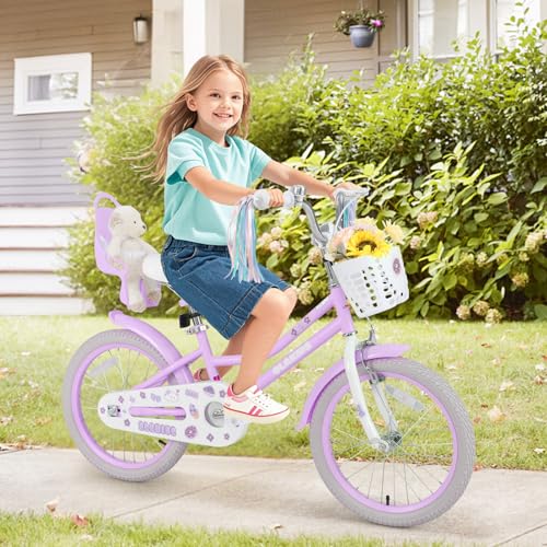 Image of Olakids Kids Bike, 12 14 16 18 20 Inch Girls Bicycle with Doll Seat Basket Adjustable Seat and Handlebar, Handbrake and Coaster Brake