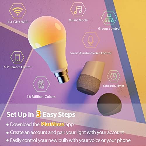 LUMIMAN Smart Bulbs, B22 7.5W Energy Saving Colour Changing Alexa Light Bulbs, LED WiFi Light Bulbs That Work with Alexa, Dimmable Tunable, No Hub Required, 2.4Ghz Only, 2 Pack