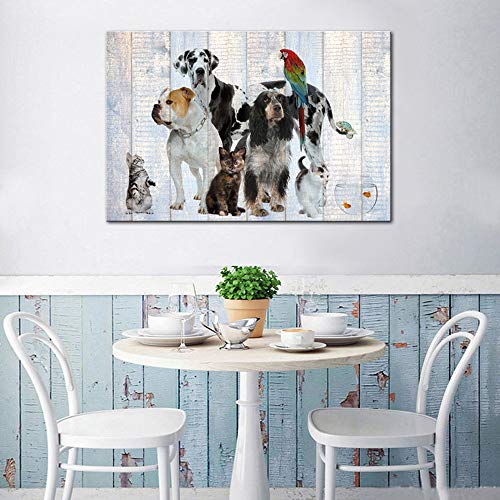 Artsbay Animal Canvas Wall Art Dog Cat Painting Pictures On Vintage Wood Texture For Kids Room Decor Puppy Artwork Giclee Print Modern Home Living Room Decoration Ready To Hang 24X36Inch #TOP1