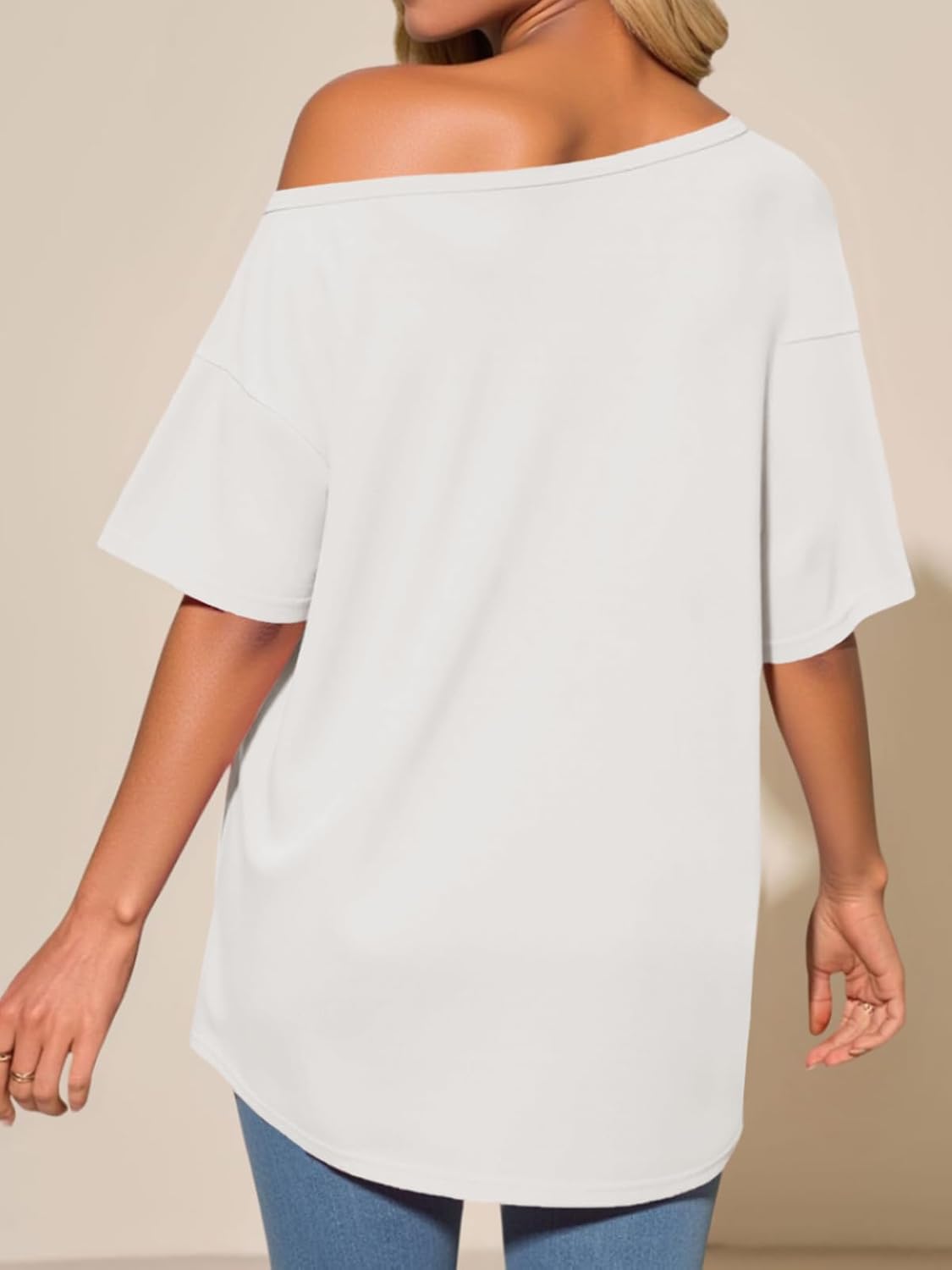 Tankaneo Womens Oversized Off The Shoulder T Shirt Cotton Short Sleeve Casual Tunic Tops Summer Loose Fit Flowy Tees - Image 3