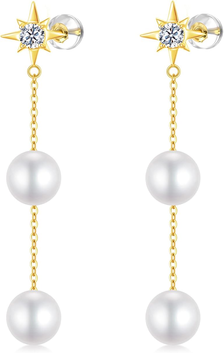 14k Gold Freshwater Cultured Pearl North Star Earrings, Real 14kt Gold Dangle Earring for Women
