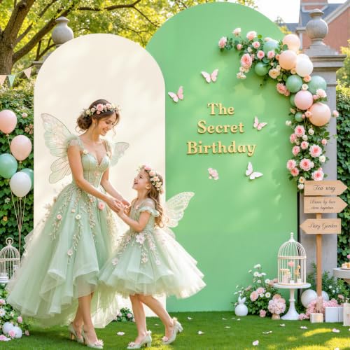 Image of Beige and Sage Green Arch Backdrop Cover Set of 2-7.2 and 6ft Spandex Wedding Arch Covers Stretchy Backdrop for Baby Shower Bridal Shower Birthday Party Photo Balloon Arch Stand Cover