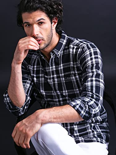 Image of THE BEAR HOUSE Men's Cotton Slim Flannel Button-Down Casual Shirt |Black |L |TBH-Tally-BK-L |
