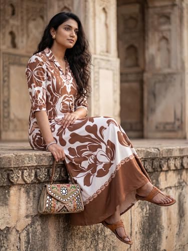 Image of HELLCAT Floral Brown Women Dress|New Trending Dress for Women|Western 3 /4 Sleeve A-line