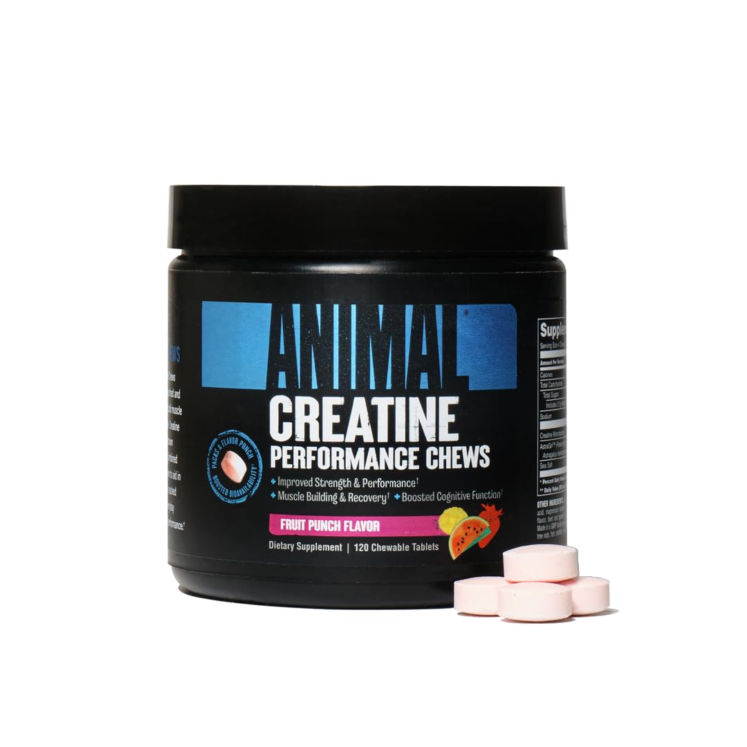 Animal Creatine Chews Tablets - Enhanced Creatine Monohydrate with AstraGin to Improve Absorption, Sea Salt for Added Pumps, Delicious and Convenient Chewable Tablets - Fruit Punch
