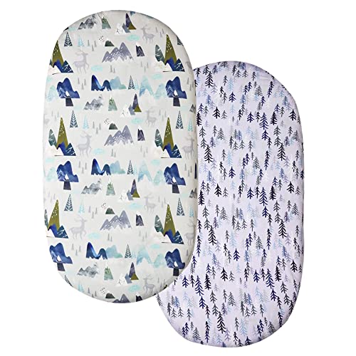 Image of Baby Bassinet Sheet for Boys and Girls, Cradle Mattress Sheet, Polyester Baby Bedside Cover, Universal for Rectangle, Oval, Hourglass Bassinet Mattress, Soft & Breathable, 2 Pack, Mountain & Pine