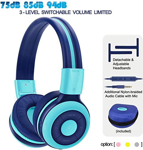 SIMOLIO Bluetooth Kids Headphones with 75dB,85dB,94dB Volume Limit,With Mic Kids Safe Wireless Headphone