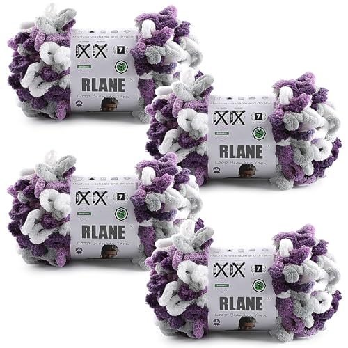Image of Loop Yarn for Finger Knitting Soft - Chunky Yarn for Hand Knitting - 4 Pack of 180 G /6.4 Oz - #7 Jumbo - 18 Yards - Chenille Blanket Yarn for Crocheting Blankets (4, Gray - White - Purple)