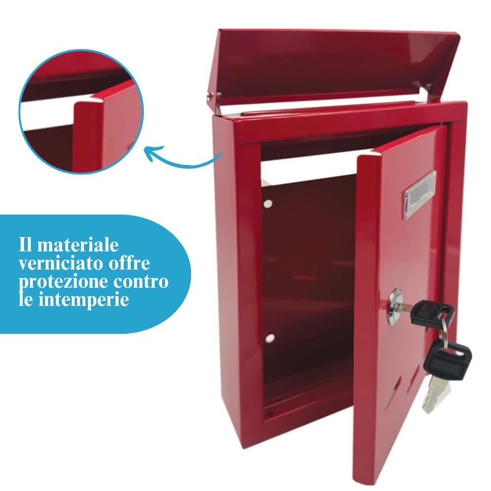 Virsus Cassetta delle Lettere, misura 18,5x6x27 cm, Cassetta Postale con Targhetta Portanome, Fori d'ispezione, 2 Chiavi e Kit Fissaggio Incluso -7540 (Rosso)