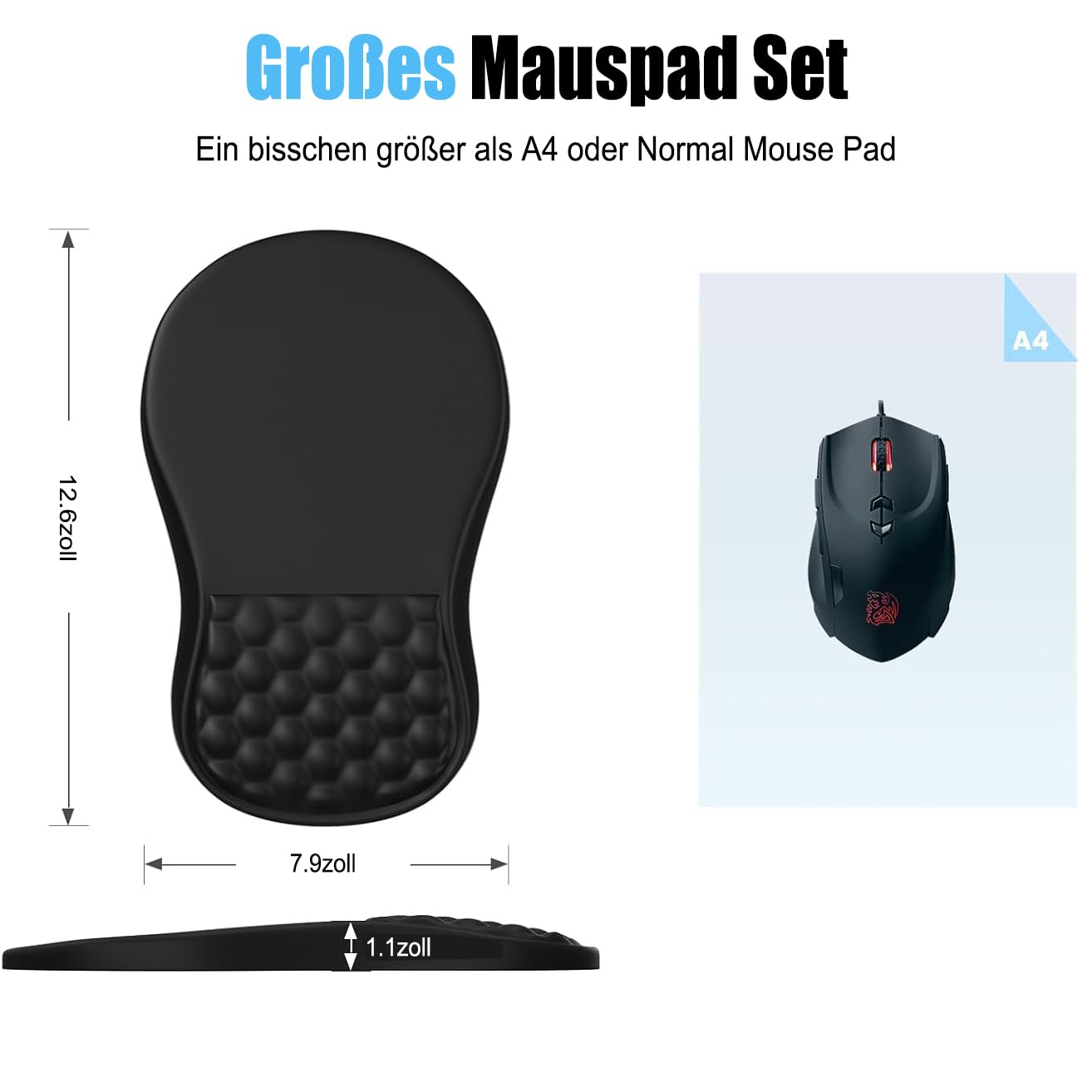 Mauspad Mit Handgelenkauflage & Massagepunkten – Ergonomisch, 15° Neigung, Memory-Schaum | Rutschfest, Waschbar, Bequem
