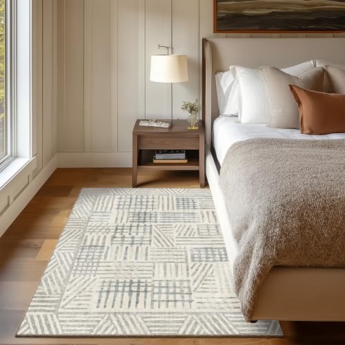 Image of Area Rug 4x6 Abstract Geometric Textured Brushstroke - Neutral Gray & Light Blue Modern Minimalist Area Rug, Decorative Carpet for Living Room Bedroom Home Decor