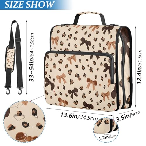 Image of 3 Ring Zipper Binder with Shoulder Strap Leopard Print Bow Pattern 1.5 inch Binders Keeper Large Capacity Multi Pockets for School Office Supplies