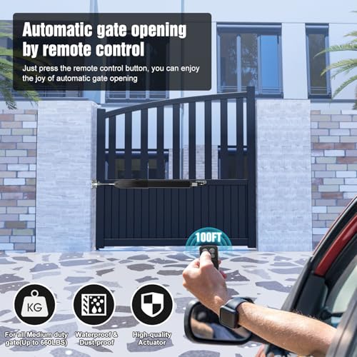 JUJIANG Automatic Gate Opener with Remote Complete Kit for Single Swing Gate Up to 770lb 16FT, Electric Gate Openers Medium Duty Single Swing Gate Opener Automatic Gate Motor 60W AC Powered PKM-C026