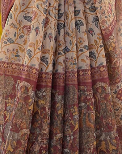 Image of SIRIL Women's Cotton Linen Kalamkari Printed Handloom Saree with Unstitched Blouse Piece