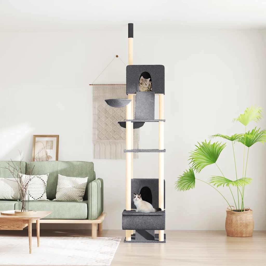 Kratzbaum Deckenhoch 277-303 cm - Großer Katzenturm Dunkelgrau mit 2 Häusern, 2 Hängematten, Tunnel, Leitern und Sisalstämmen - Kletterbaum aus Holzwerkstoff und Plüsch