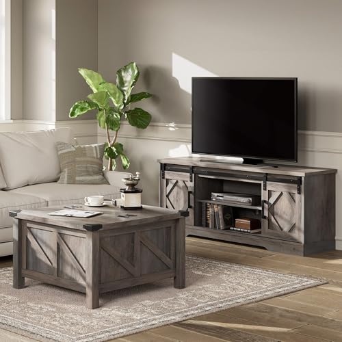 Image of WAMPAT Farmhouse Style TV Stand for 55-65 inch TV w /Distressed Wood Finish