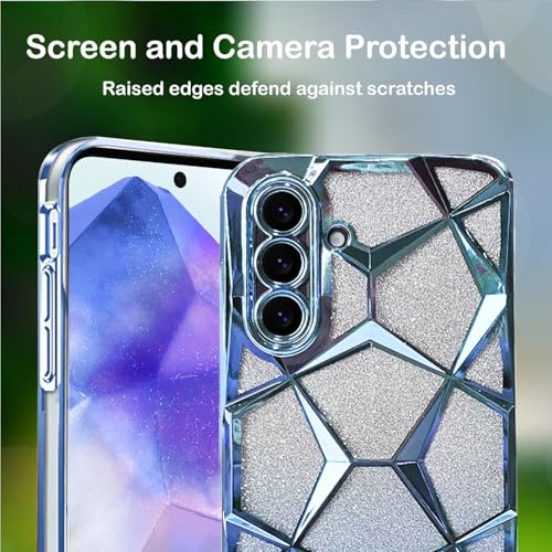 Image of VONZEE Gradient Glitter Clear Case for Samsung A56, Luxury Electroplated 3D Cube, Diamond Bling Shiny Soft TPU Clear Shockproof Women Girls Protective Phone Cover (Sierra Blue)
