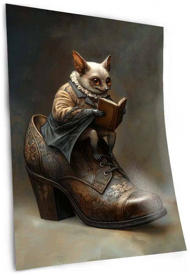 Bat on Shoe Fine Art Print - Fairytale Fantasy Poster Unframed Whimsical Animal Picture Cute Victorian Bat Reading