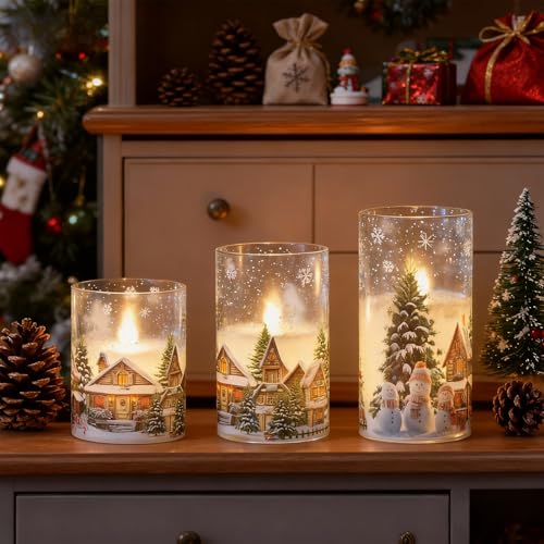 Image of Wondise Chrismtas Snowman Glass Flameless Candles with Remote Timer, Battery Operated Real Wax LED Flickering Pillar Candles with Christmas Tree Decal for Christmas Decoration