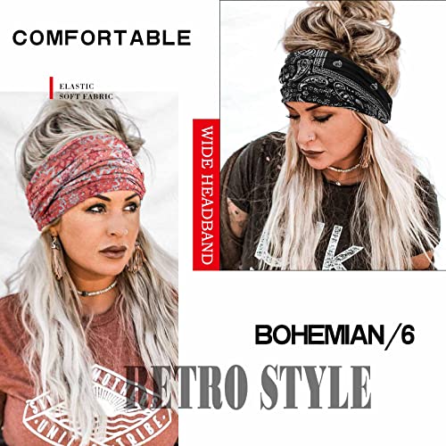 Olbye Boho Headbands Women Wide Knotted Headband Turban Elastic Hairbands Nonslip Floral Head Bands Yoga Sports Sweatbands Workout Head Wraps Bandana Hair Scarfs Bohemian Hair Accessories 6Pcs (Bohemian) #TOP2