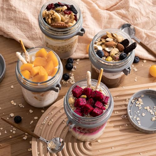 Image of PATZY 350 ml Oats Container With Lids And Spoon set of pc Glass Mason Jars For Overnight Oats Leak Proof Container with Measurment For Cereal Fruit Vegetable Milk Salad Yogurt (Multicolor) (6)