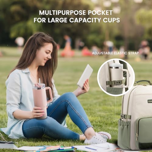 Image of LOVEVOOK Laptop Backpack for Women with Pouch Pocket for Large Capacity Cup,15.6 Inch Laptop Computer Bag Travel Backpack Purse,Waterproof Work College Teacher Bags,White-Bean Green-Dark Olive Green