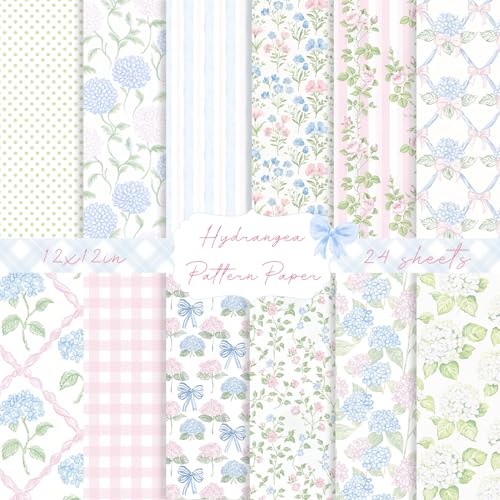 Adurself 24 Sheets Hydrangea Floral Pattern Paper - 12 x 12In Double-Sided Scrapbook Craft Designs Vintage Blue Pink Flower Bow Decorative Sheets for Card Making Photo Album Journal DIY Crafts