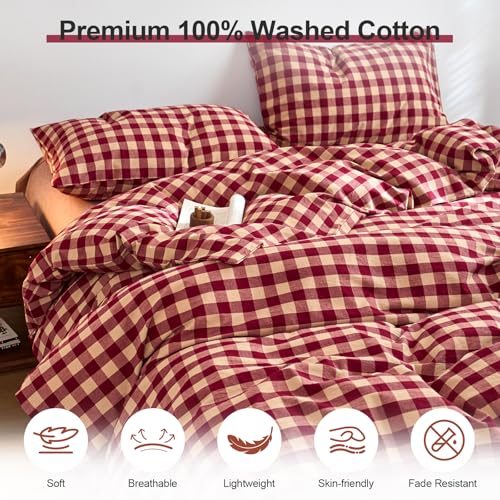 Image of EAVD Vintage Style Red Gingham Duvet Cover King Soft 100% Washed Cotton 3-Piece Reversible Plaid Checkered Bedding Set with 2 Pillowcases Farmhouse Buffalo Plaid Duvet Cover with Zipper Closure