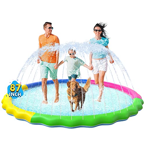 Image of VISTOP Non-Slip Splash Pad for Kids and Dog, Thicken Sprinkler Pool Summer Outdoor Water Toys - Fun Backyard Fountain Play Mat for Baby Girls Boys Children or Pet Dog (87 inch, Red&Yellow&Green&Blue)