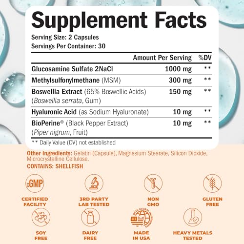 Glucosamine with Hyaluronic Acid, Black Pepper, MSM & Boswellia - 5-in-One Joint Support Supplement. Antioxidant & Inflammatory Support - Joint Health, Flexibility and Comfort. FSA Eligible 60 Caps - Image 4