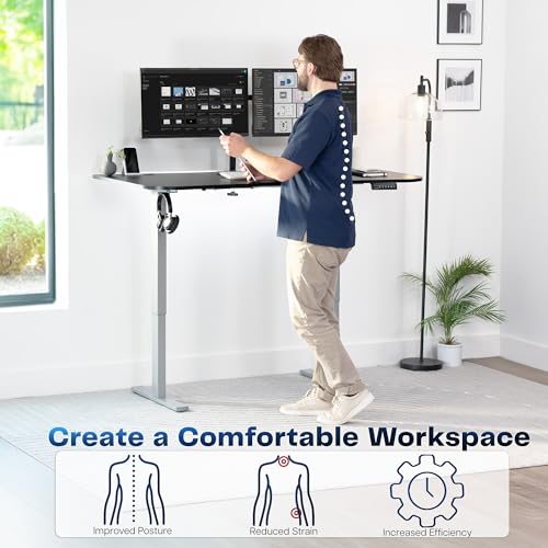 Image of VIVO Black Carbon Fiber 63 x 32 in Standing Desk, DESK-KIT-1G1R | Electric, Holds 220 lbs, Sit Stand Up, Height Adjustable, Home Office, Memory Presets, 1B Series, Gray Frame