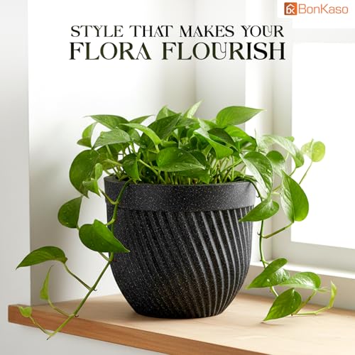 Image of Bonkaso 10 Inch Seltos Ribbed Planter for Indoor & Outdoor Use | Round Heavy Duty Polymer Flower Pot | Lightweight Weather Resistant Modern Gamla for Living Room Balcony & Terrace (Dark Grey)