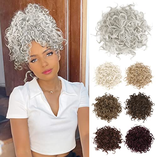 HOOJIH Curly Hair Bun, Elastic Drawstring Loose Wave Messy Bun 1PC Large Full Hair Bun Extension Hairpiece Short Synthetic Ponytail Extension for Women - Silver Gray With Little Brown Mixed
