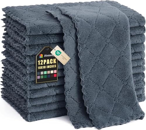 Homaxy 12 Pack Kitchen Dish Cloths (10 x 10 Inches, Dark Grey), Super Soft and Absorbent Coral Velvet Dish Towels, Nonstick Oil Fast Drying Microfiber Cleaning Cloth, No Lint Household Dishcloths