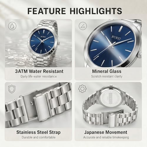 Image of BUREI Men's Wrist Watch, Analog Stainless Steel Dress Waterproof Quartz Watch for Men with Japanese Movement,Refined Gifts for Men, Boyfriend, Husband, Dad