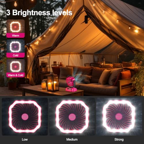 Odoland Portable Camping Fan with LED Lantern - 20000mAh Rechargeable Battery Fan with Auto Oscillation, Timer, Remote, 360° Rotation Hook, 4 Speed Settings for Travel and Power Outages, Pink - Image 3