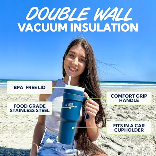 Image of SUN NINJA 40oz Insulated Tumbler with Handle, Lid and Straw, Cream