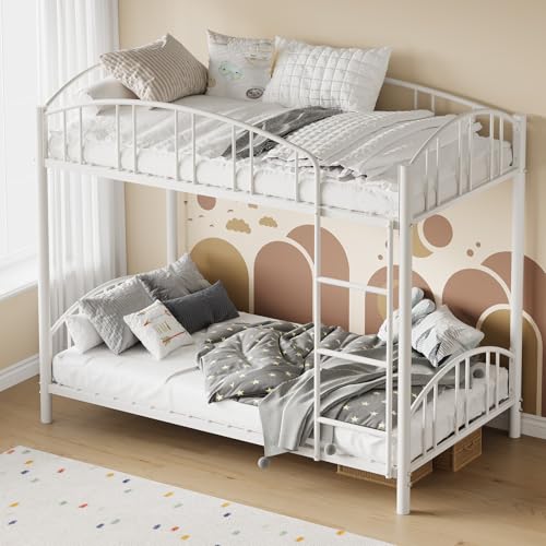 Garvee Bunk Bed Twin Over Twin with Ladder and Arched Guardrail, Heavy Duty Bunkbeds Frame with Sturdy Steel Slats Support for Kids Boys Girls, Space-Saving, No Box Spring Needed, White