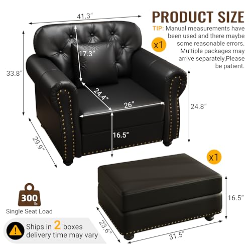 Image of KEIKI 41 inch Faux Leather Chesterfield Sofa with Rolled Arms & Nailhead Trim & 1 Ottoman, 1-Seater Button Tufted Couch with High Resilience Cushion & 1 Pillow, Easy Assembly, for Living Room, Black