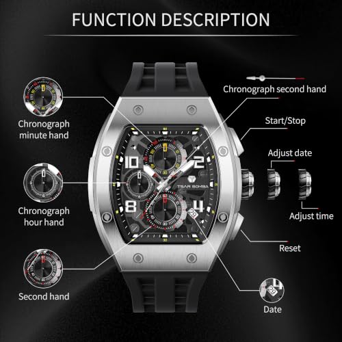 Image of TSAR BOMBA Men's Luxury Quartz Watch, Luminous Dial 5ATM Water Resistance Silicone Strap Men's Wristwatch Ideal Gift for Men