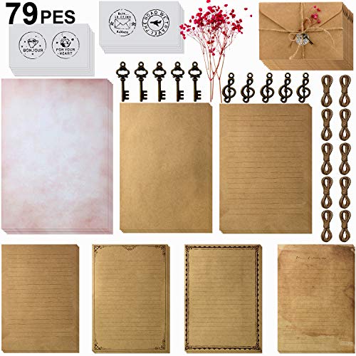 79 Pezzi Set di Buste e Carta Stazionaria Vintage Include 30 Fogli Carta da Lettera Antica con 3 Formati, 12 Buste Kraft, 12 Chiavi Retrò, 12 Corde di Canapa e 12 Adesivi per Lettere Fatte a Mano DIY