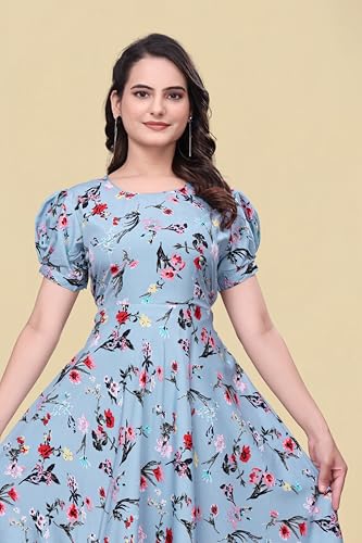 Image of Women's A-Line Crepe Maxi Dress | Stylish Fit and Flare Dress with Round Neck Short Puff Sleeves for Casual Wear