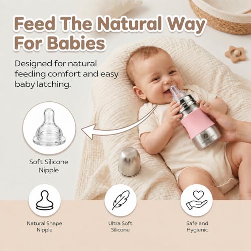 Image of StarAndDaisy Baby Milk Bottle for new Born /Infant /Toddler 140 ML SUS 304 Steel Baby Feeding Bottle for 0+ Months, BPA Free Leakproof, Anti Colic, Easy to Clean -Pink