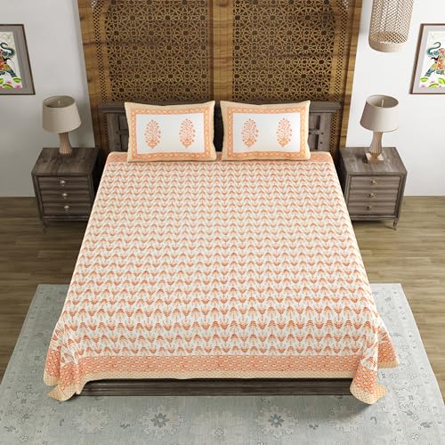 Image of BLOCKS OF INDIA Hand Block Printed 200 TC Cotton King Size Bedsheet (Orange Leaf)