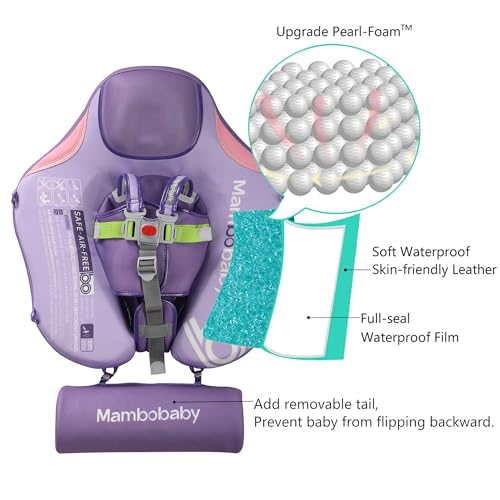 Image of Mambobaby Float Baby Float with Canopy & Tail Non-Inflatable Infant Pool Floats Adjustable Safety Strap Toddler Swim Trainer (Purple)