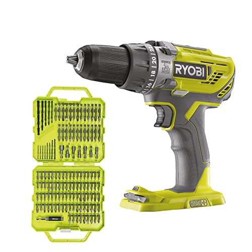 Lot de RYOBI - Perceuse-Visseuse à Percussion 18V ONE+ - 50NM, 500-1800 tr/min - Mandrin 13mm - sans Batterie ni Chargeur - Mallette 127 accessoires mixtes